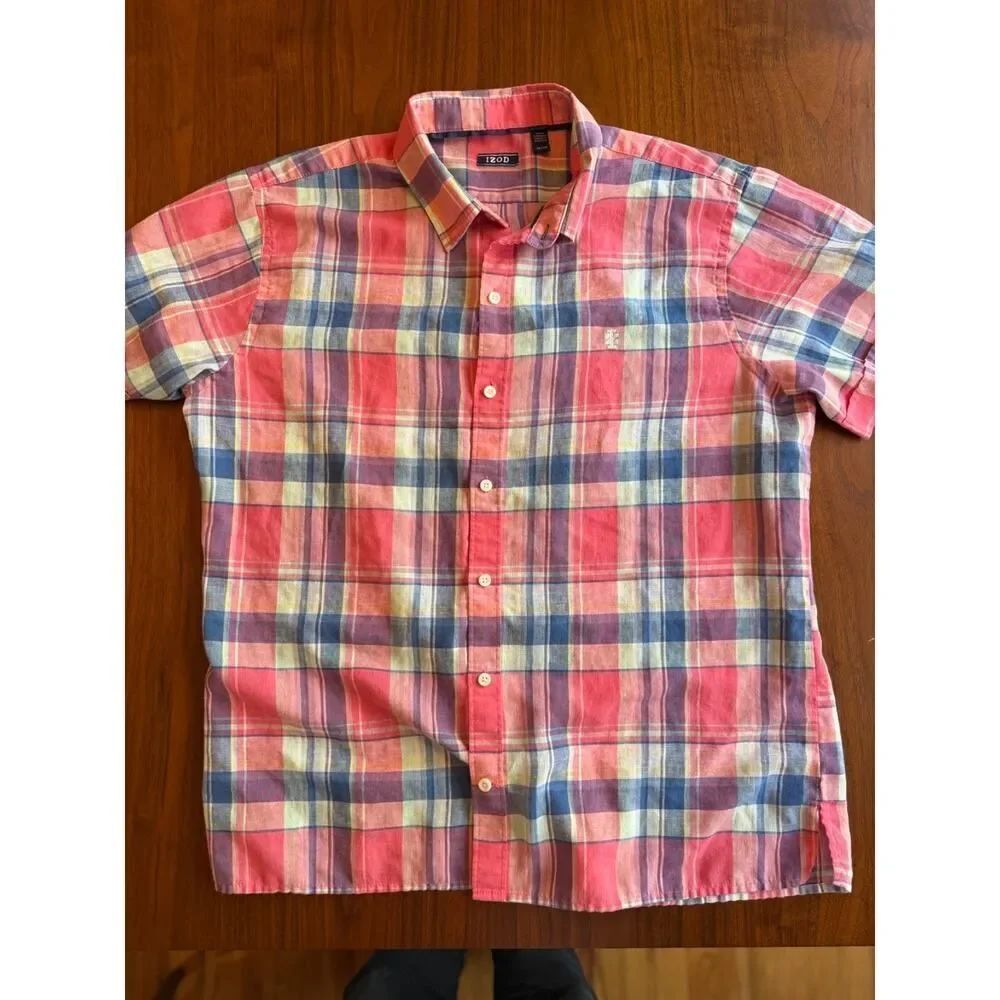 IZOD Men's Pink & Blue Plaid Madras Short Sleeve Button Down Shirt - Size XL